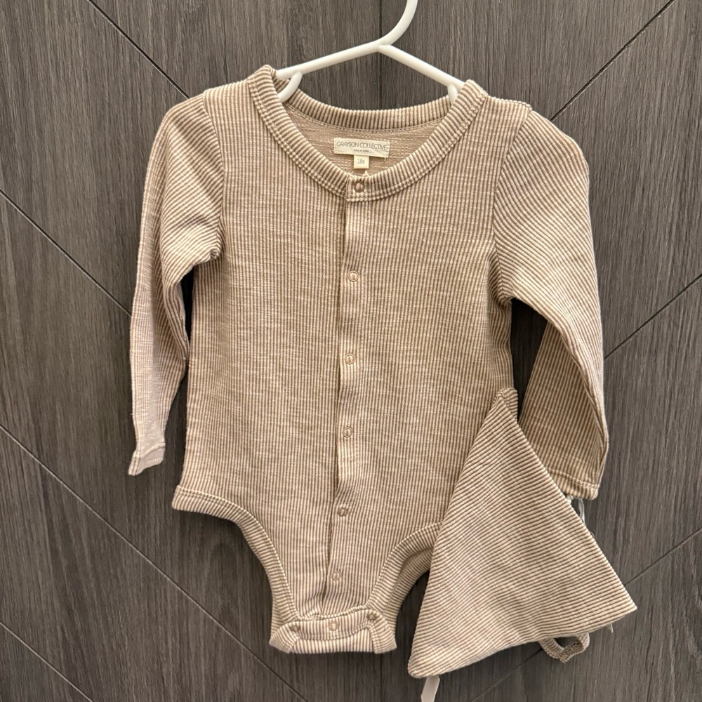 Grayson Collective Ribbed Beige Kids Bodysuit and Bonnet